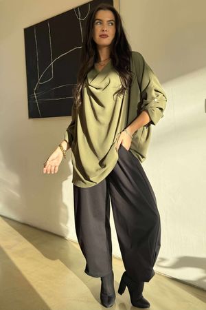 Suki Drape Cowl Blouse Khaki /9=